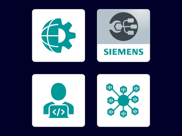 Four icons displaying, left to right, a gear, the Siemens logo with a wrench, a person in front of a computer, an illustration of connected dots and lines.