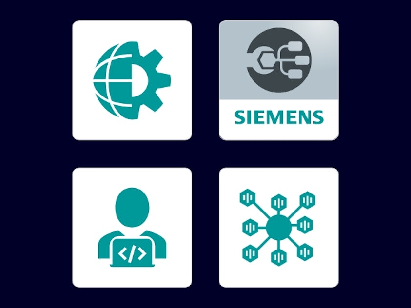 Four icons displaying, left to right, a gear, the Siemens logo with a wrench, a person in front of a computer, an illustration of connected dots and lines.