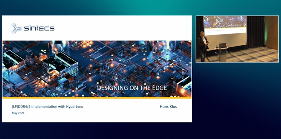 Sintecs presentation slide showing "(LP)DDR4/5 Implementation with HyperLynx" by Hans Klos. Features dramatic circuit board visualization with glowing elements and "DESIGNING ON THE EDGE" tagline. Small inset shows presenter at podium.