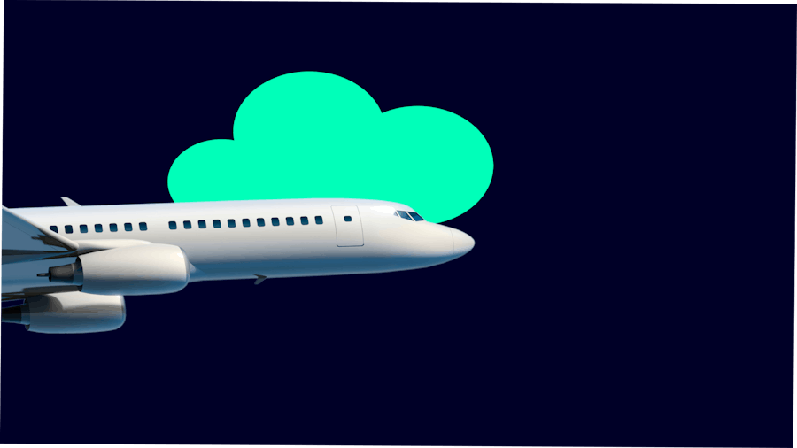 An illustration of an airplane with a neon green cloud behind it on a black background