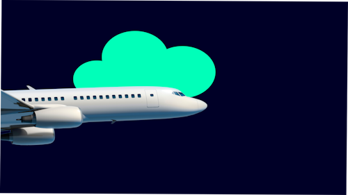 一架飞机的插图，后面是黑色背景上的霓虹绿云