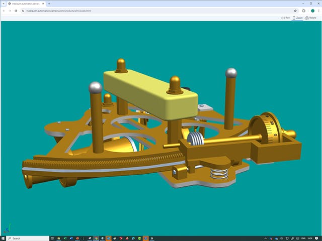 A 3D model is displayed in a browser. The parts are defined using the JT file format and the graphics are embedded in a customizable browser using PLM Vis Web.