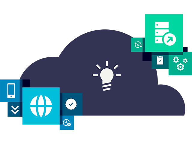 Illustration of cloud with lightbulb in it and various icons surrounding. Representing cloud PLM software.