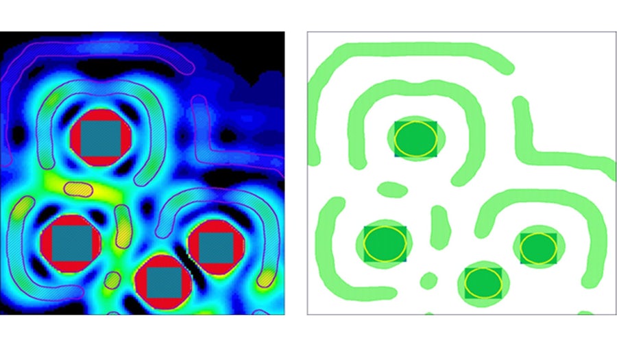 Typical Calibre pxOPC mask output on a generic via layer. The images show contour maps with colors that correspond to areas of good litho quality. 