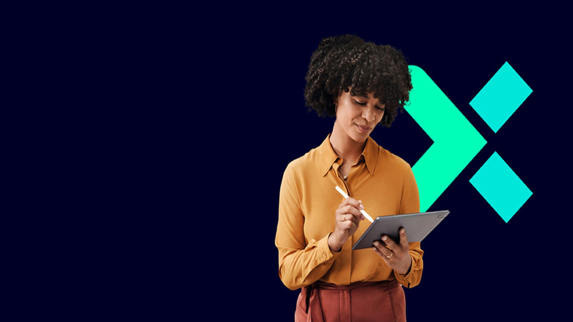 Stylized photo of a woman looking at a technical diagram.