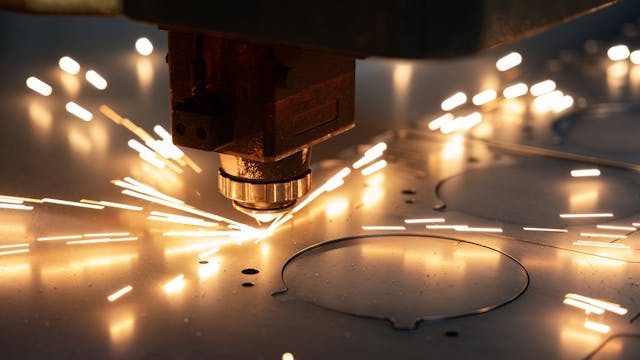 Close-up of a laser cutting machine slicing through sheet metal with sparks flying.
