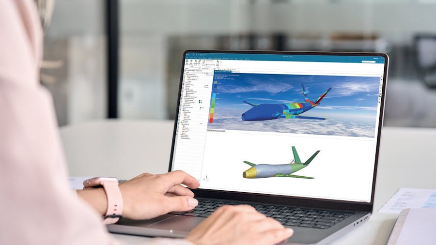 An engineer performing margin of safety analysis on an aircraft structure within Simcenter 3D software.