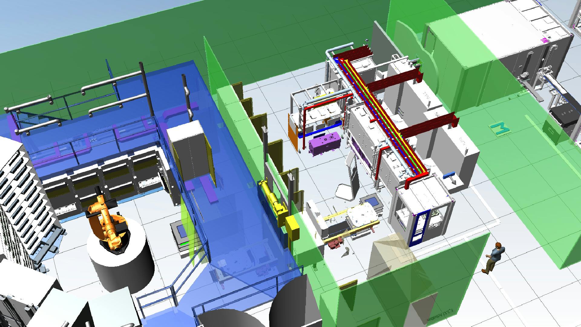 Screenshot showing a virtual layout of a battery plant design.