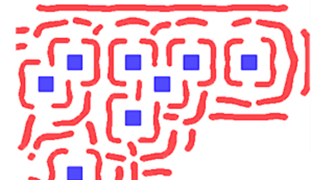 Final Curvilinear SRAFs (Red) on contact layer (Blue) for random logics